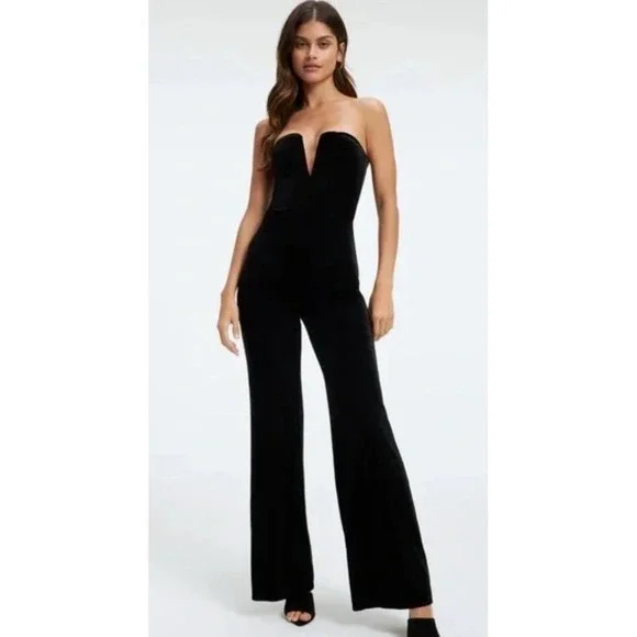 Good American Jumpsuit Size 1 Small Black Strapless Velvet V Neck - Picture 1 of 14